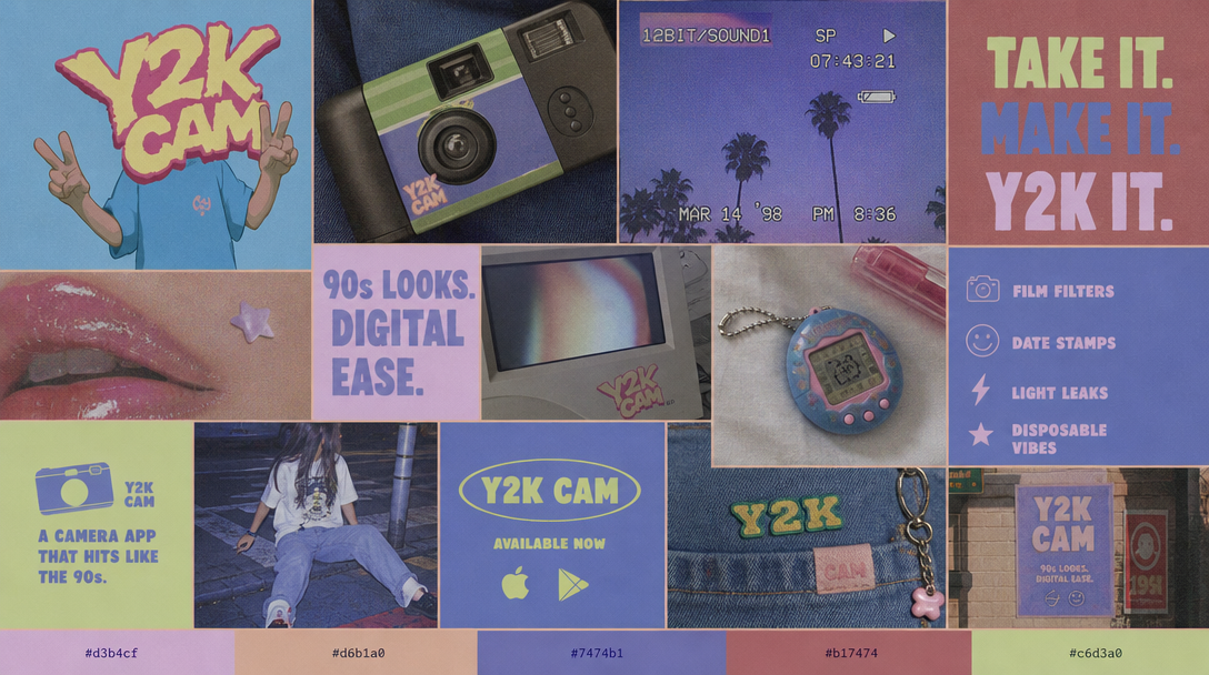 Y2K pastel mood board template — Y2K Cam app board in lilac and butter yellow