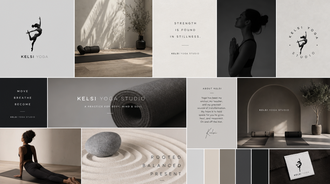 Kelsi Yoga monochrome studio moodboard — interior direction example