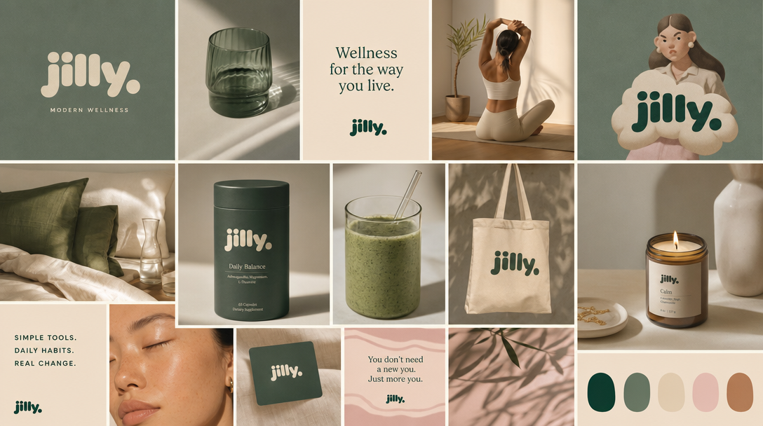 Jilly wellness brand moodboard made with the MoodyBoards AI mood board generator