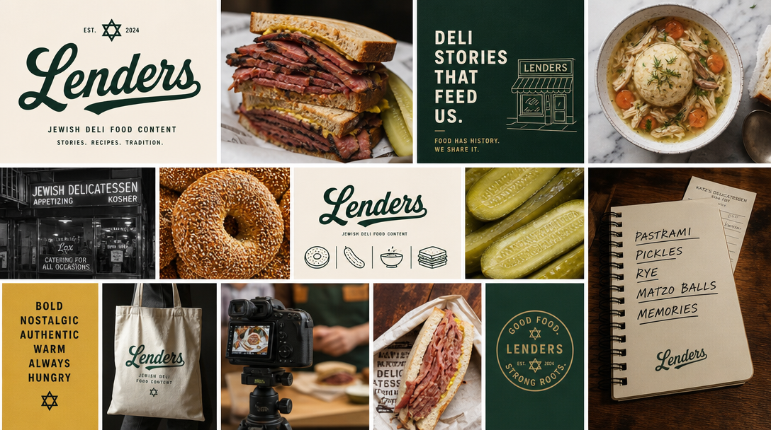 Lenders Jewish deli content brand mood board example — cream and deep green with gold accents, food photography and hand lettering