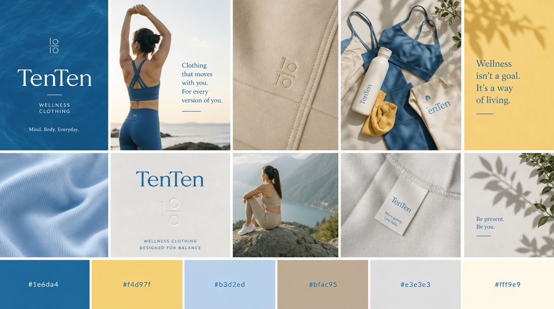 TenTen wellness clothing fashion mood board — ocean blue and butter yellow activewear direction with fabric details