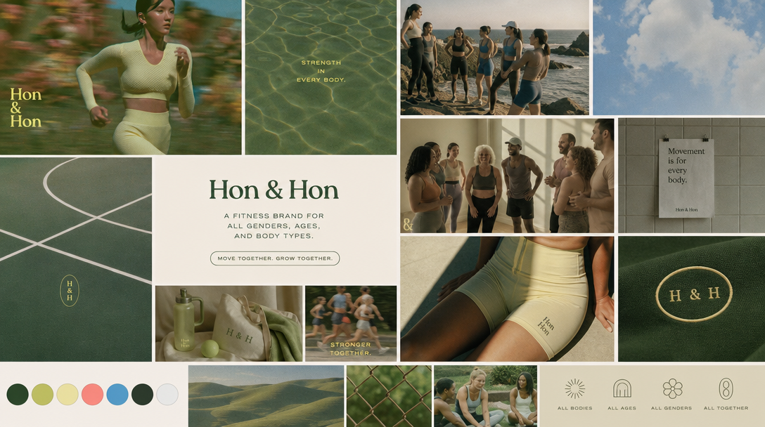 Hon & Hon inclusive fitness apparel fashion mood board — court green and cream with film-grain campaign photography