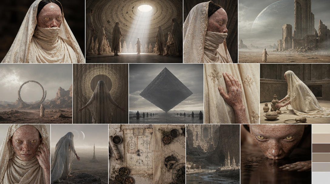 Paradiso cinematic moodboard — bone and taupe sci-fi world with characters, locations, and props