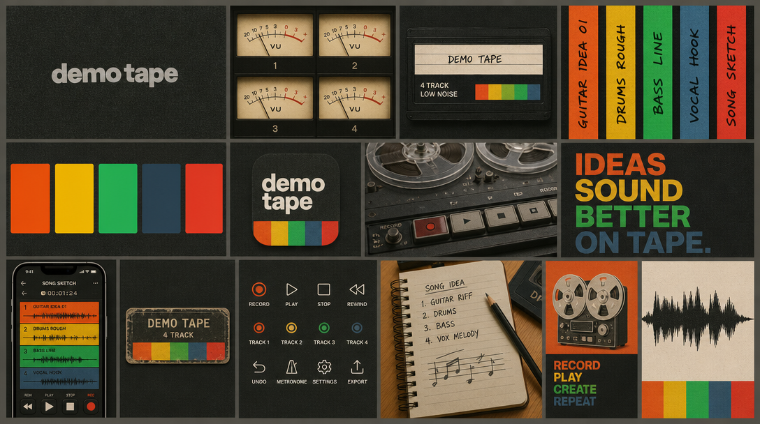 Demo Tape multitrack recorder app mood board example — charcoal with tape-deck orange, yellow, green, and blue track stripes