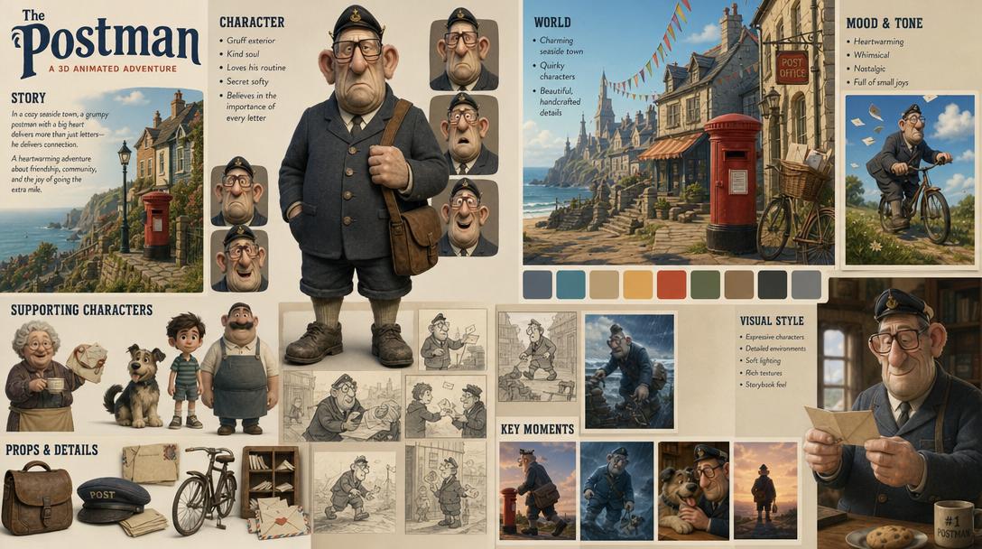 The Postman animated film pitch mood board example — character sheets, seaside world, palette, and key moments